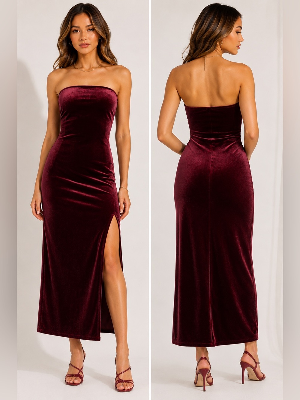 Wild Fable Burgundy Velvet Strapless Midi Dress Side Slit XXS NWT